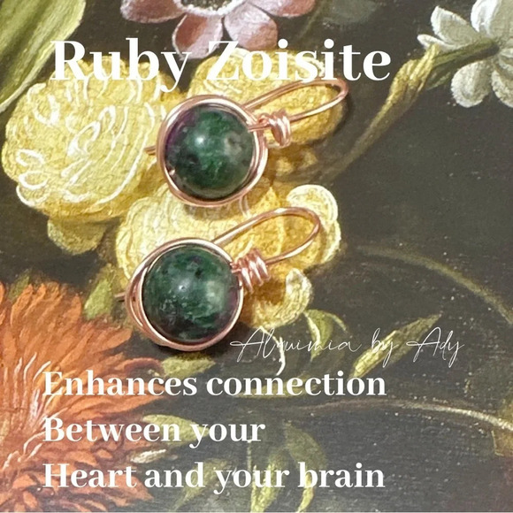 Zoisite Ruby dangle spheres silver 925 long earrings/Gemini grounding stone - Picture 2 of 5